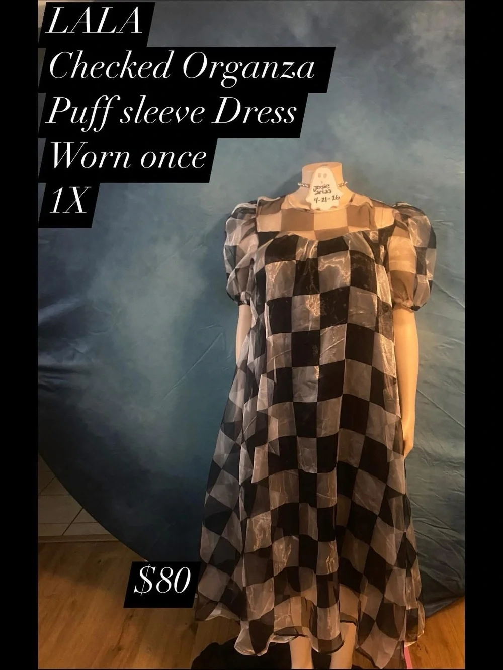 Dressed in LALA Checkerboard Puff-Sleeve Dress in Black and white - Picture 2 of 3